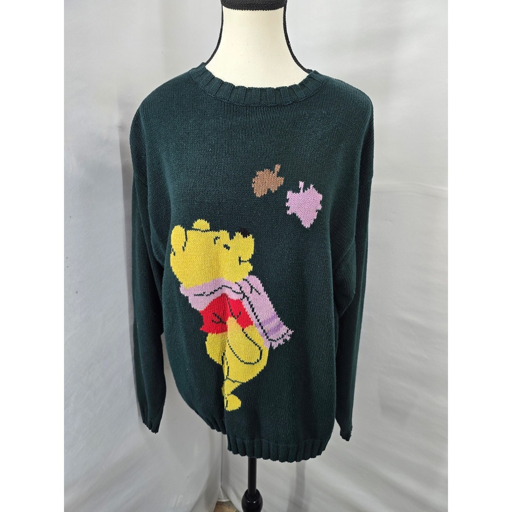 Vintage Pooh Disney Green Knit Sweater Winnie the Pooh Scarf Graphic Large